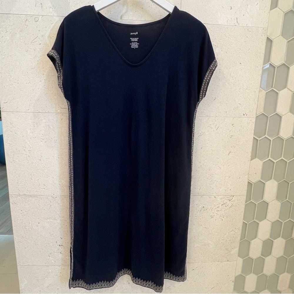 J.Jill Pure Relaxed Embroidered T Shirt Dress Navy Short Sleeve Size S